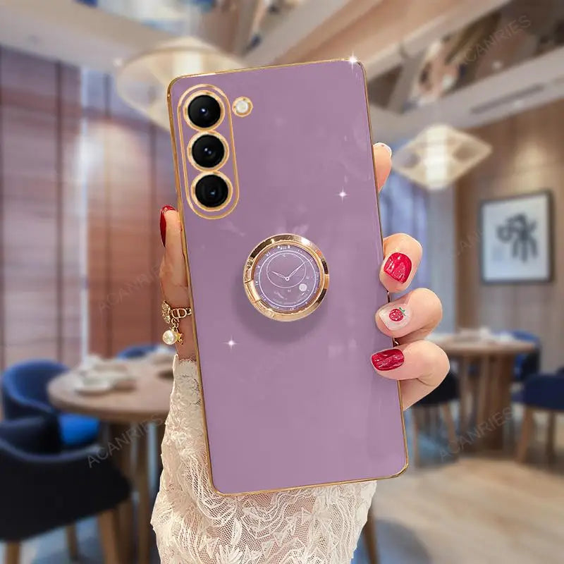 Luxury Plating Ring Holder Stand Case For Samsung Galaxy S23 S22 Fe Plus Ultra Silicone Back Cover