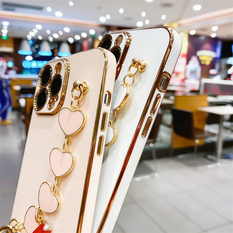 Fashion Plating Love Heart Bracelet Chain Case For iPhone 15 14 13 Pro Max X 13pro 14pro Plus Shockproof Case Cover