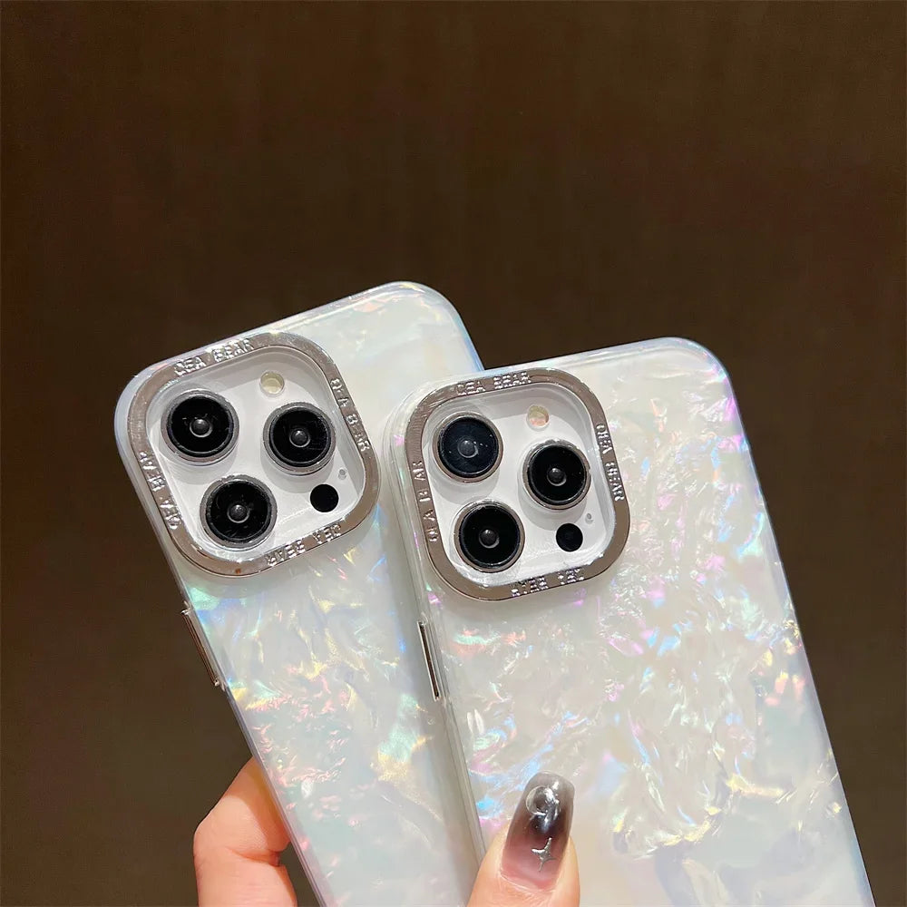 Luxury Shell Laser Case for iPhone 14 15 Pro Max 12 11 13 Pro Plating Aurora Cover For iPhone 15 14 Plus Hard Shockproof Cover