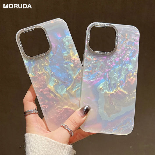 Luxury Shell Laser Case for iPhone 14 15 Pro Max 12 11 13 Pro Plating Aurora Cover For iPhone 15 14 Plus Hard Shockproof Cover