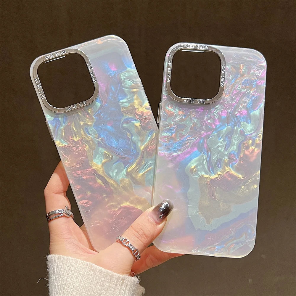 Luxury Shell Laser Case for iPhone 14 15 Pro Max 12 11 13 Pro Plating Aurora Cover For iPhone 15 14 Plus Hard Shockproof Cover
