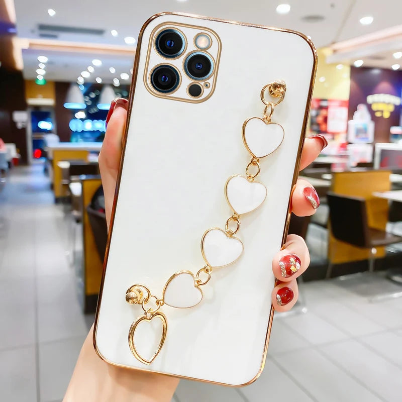 Fashion Plating Love Heart Bracelet Chain Case For iPhone 15 14 13 Pro Max X 13pro 14pro Plus Shockproof Case Cover