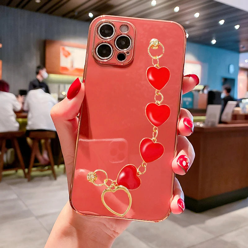 Fashion Plating Love Heart Bracelet Chain Case For iPhone 15 14 13 Pro Max X 13pro 14pro Plus Shockproof Case Cover