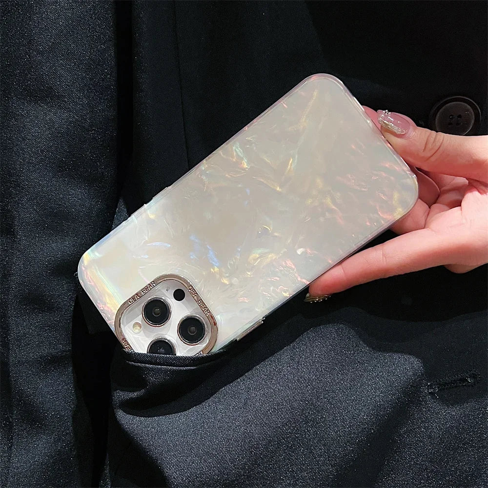 Luxury Shell Laser Case for iPhone 14 15 Pro Max 12 11 13 Pro Plating Aurora Cover For iPhone 15 14 Plus Hard Shockproof Cover