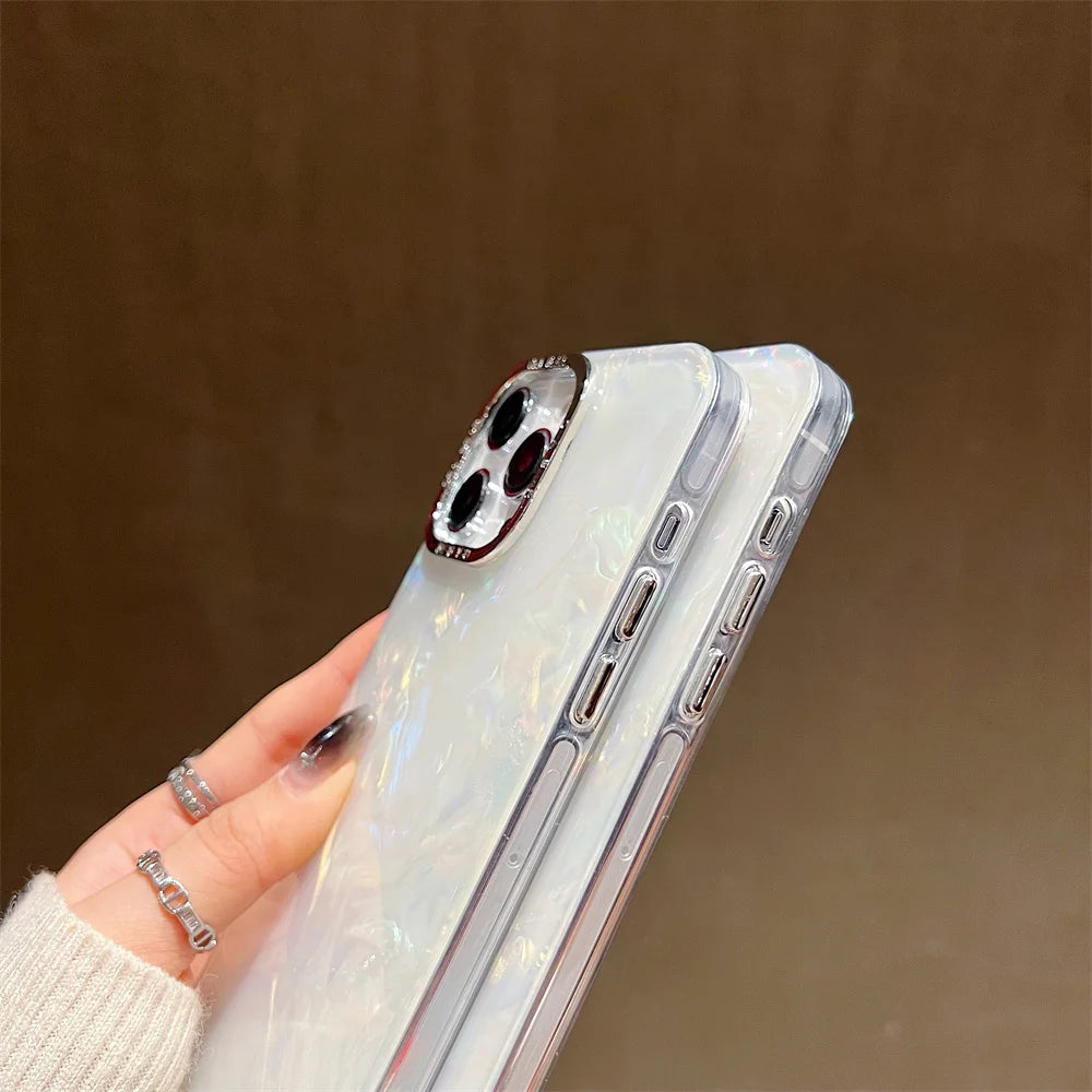 Luxury Shell Laser Case for iPhone 14 15 Pro Max 12 11 13 Pro Plating Aurora Cover For iPhone 15 14 Plus Hard Shockproof Cover