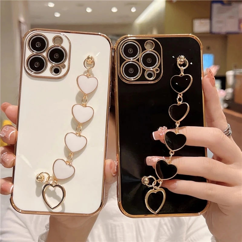 Fashion Plating Love Heart Bracelet Chain Case For iPhone 15 14 13 Pro Max X 13pro 14pro Plus Shockproof Case Cover