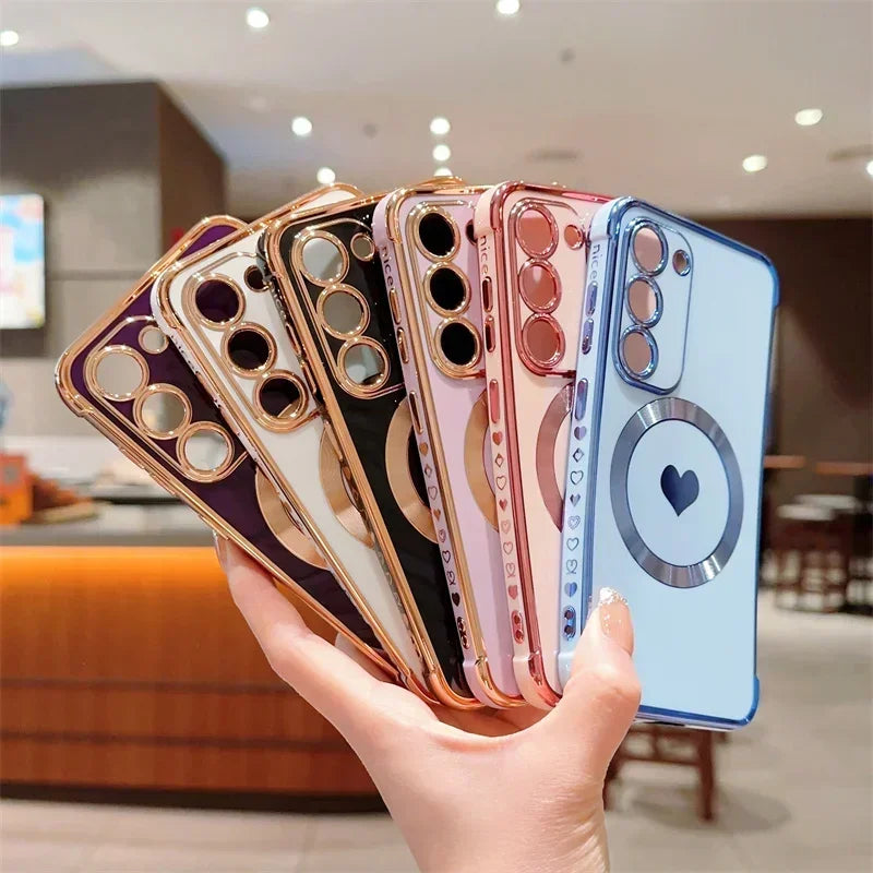 Love Heart Plating Magnetic Phone Case For Samsung Galaxy S24 S23 S22 S21 Ultra Plus S20 FE Shockproof For Magsafe Back Cover