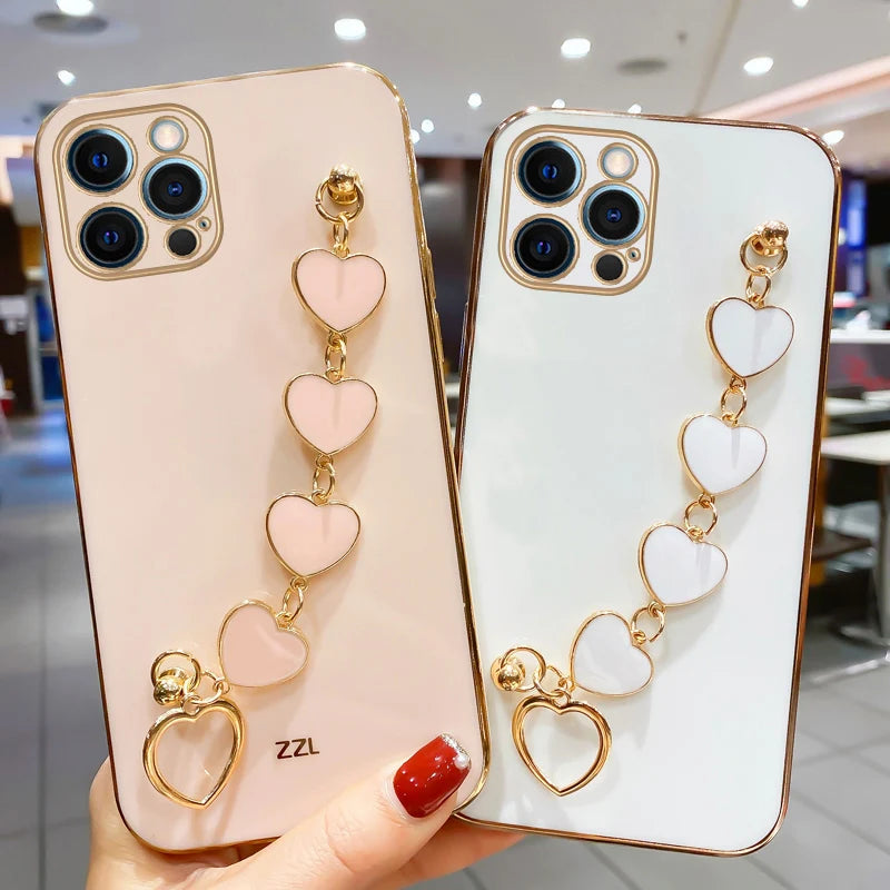 Fashion Plating Love Heart Bracelet Chain Case For iPhone 15 14 13 Pro Max X 13pro 14pro Plus Shockproof Case Cover