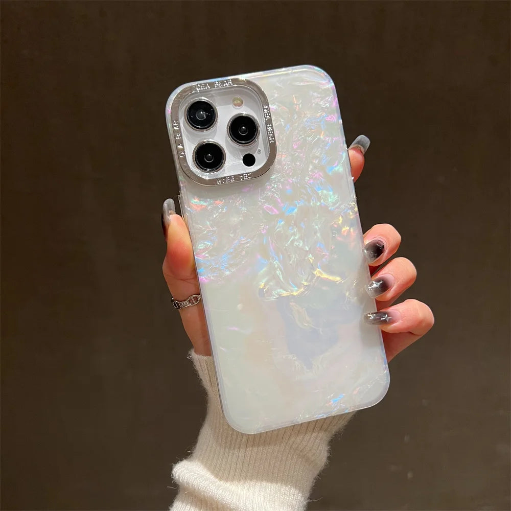 Luxury Shell Laser Case for iPhone 14 15 Pro Max 12 11 13 Pro Plating Aurora Cover For iPhone 15 14 Plus Hard Shockproof Cover