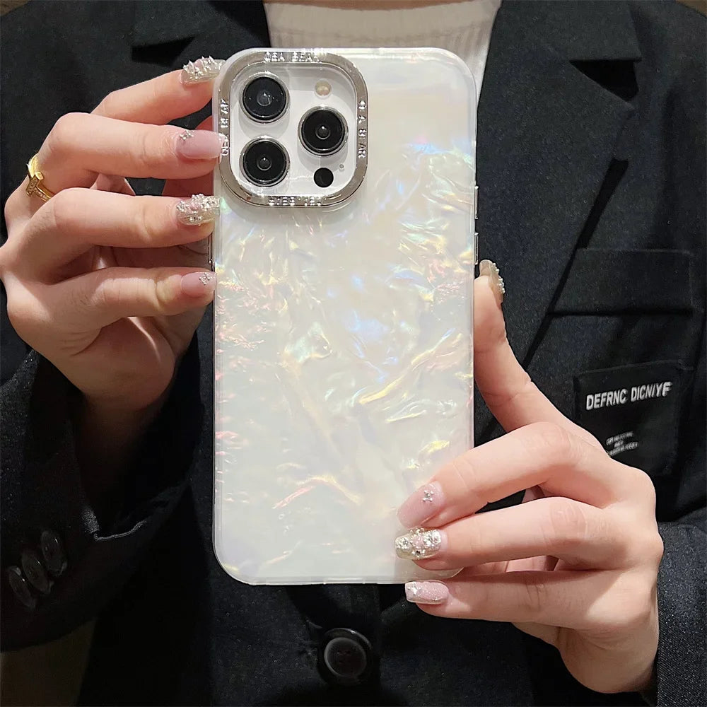 Luxury Shell Laser Case for iPhone 14 15 Pro Max 12 11 13 Pro Plating Aurora Cover For iPhone 15 14 Plus Hard Shockproof Cover