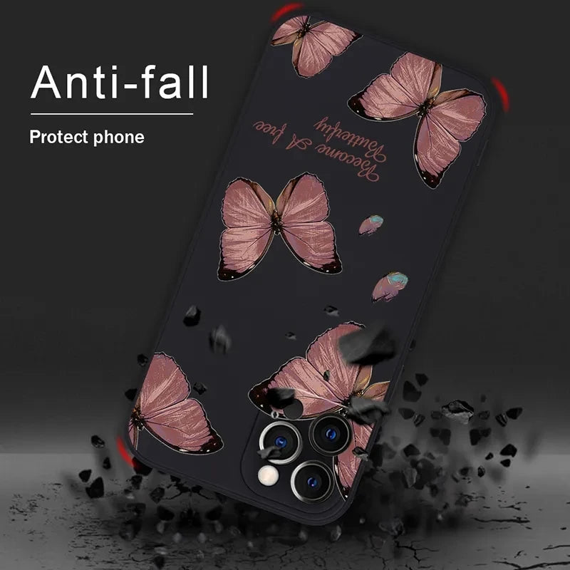 Butterfly Flower Phone Case For iPhone 15 14 Pro Max 13, 13 Mini Shockproof Matte Soft Tpu Silicone Cover