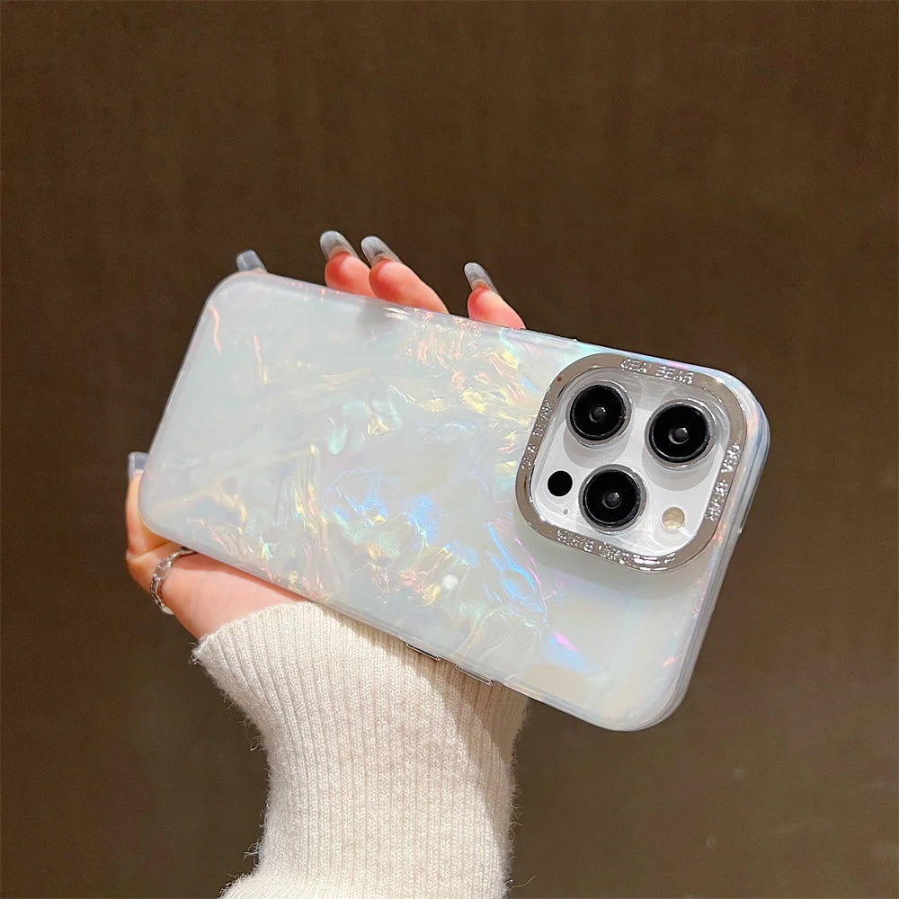 Luxury Shell Laser Case for iPhone 14 15 Pro Max 12 11 13 Pro Plating Aurora Cover For iPhone 15 14 Plus Hard Shockproof Cover