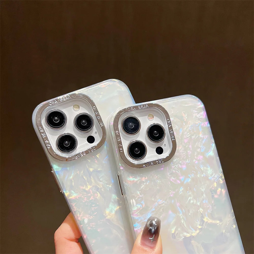 Luxury Shell Laser Case for iPhone 14 15 Pro Max 12 11 13 Pro Plating Aurora Cover For iPhone 15 14 Plus Hard Shockproof Cover