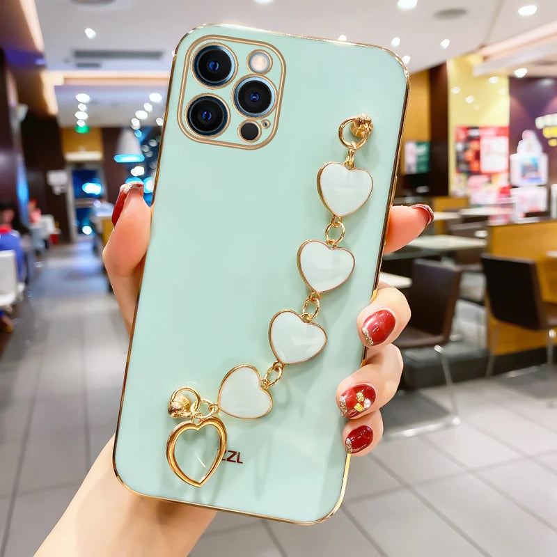 Fashion Plating Love Heart Bracelet Chain Case For iPhone 15 14 13 Pro Max X 13pro 14pro Plus Shockproof Case Cover
