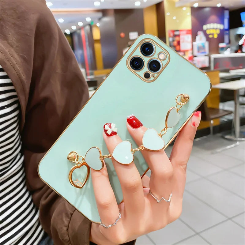 Fashion Plating Love Heart Bracelet Chain Case For iPhone 15 14 13 Pro Max X 13pro 14pro Plus Shockproof Case Cover