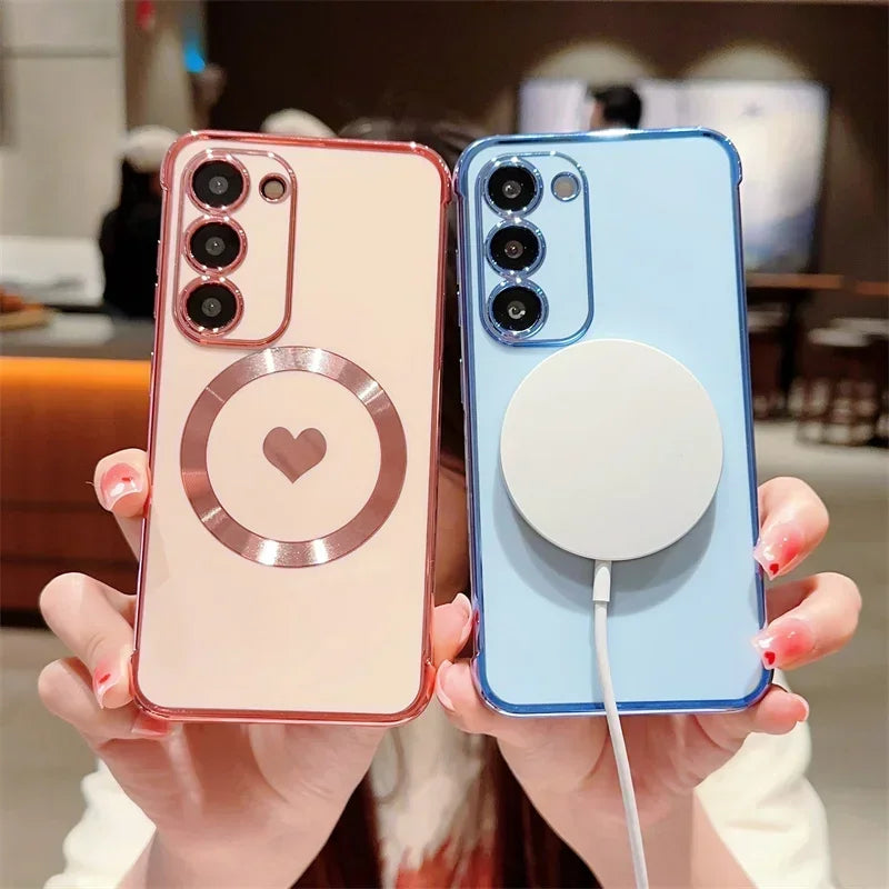 Love Heart Plating Magnetic Phone Case For Samsung Galaxy S24 S23 S22 S21 Ultra Plus S20 FE Shockproof For Magsafe Back Cover