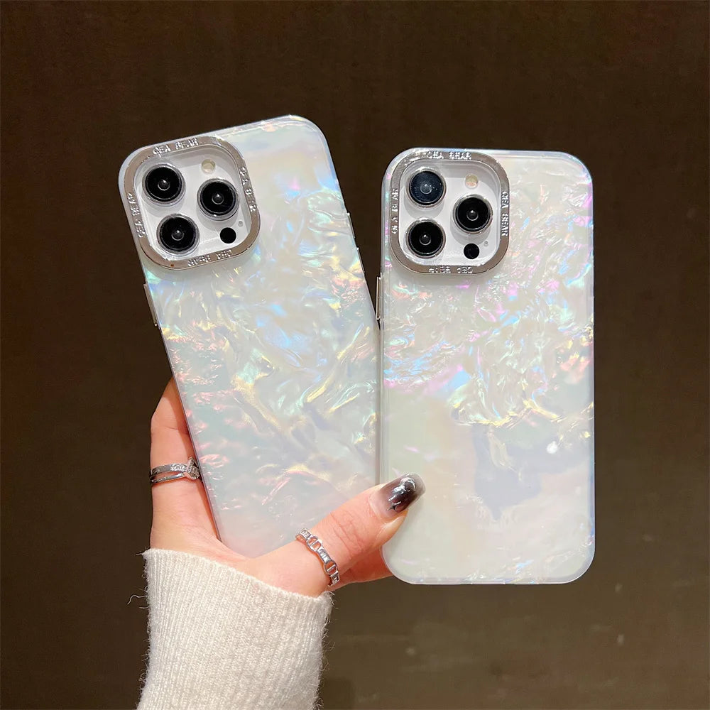 Luxury Shell Laser Case for iPhone 14 15 Pro Max 12 11 13 Pro Plating Aurora Cover For iPhone 15 14 Plus Hard Shockproof Cover