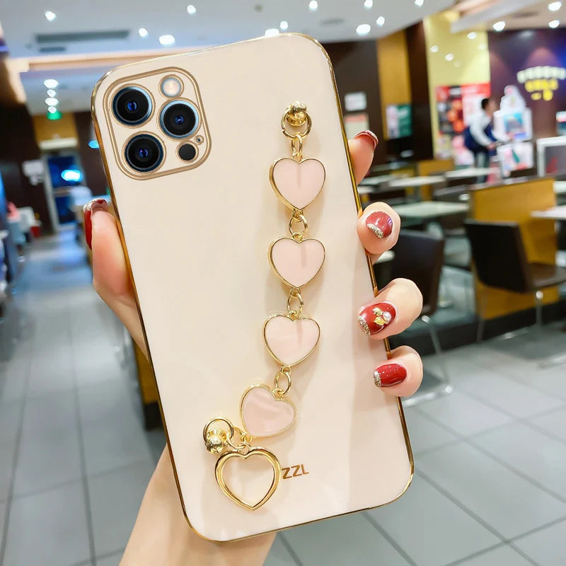 Fashion Plating Love Heart Bracelet Chain Case For iPhone 15 14 13 Pro Max X 13pro 14pro Plus Shockproof Case Cover