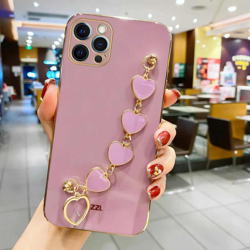 Fashion Plating Love Heart Bracelet Chain Case For iPhone 15 14 13 Pro Max X 13pro 14pro Plus Shockproof Case Cover
