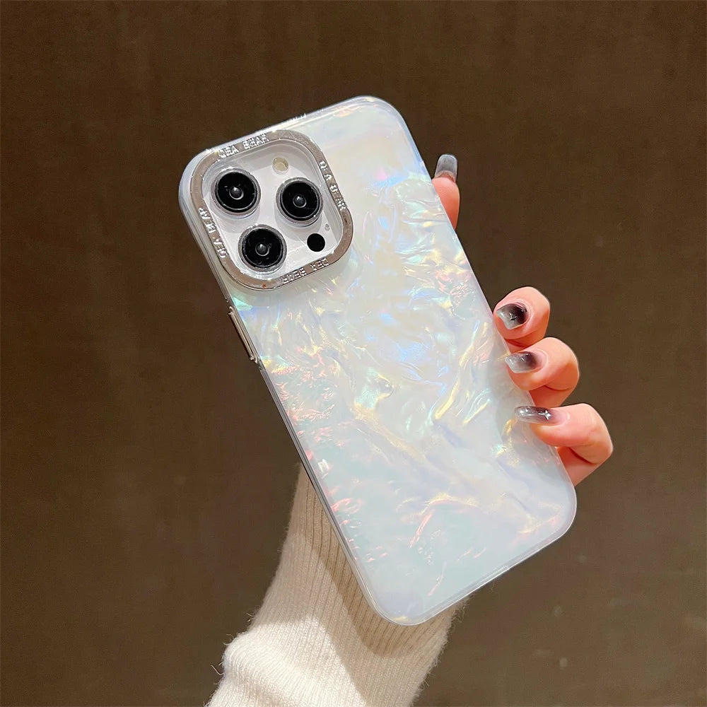 Luxury Shell Laser Case for iPhone 14 15 Pro Max 12 11 13 Pro Plating Aurora Cover For iPhone 15 14 Plus Hard Shockproof Cover